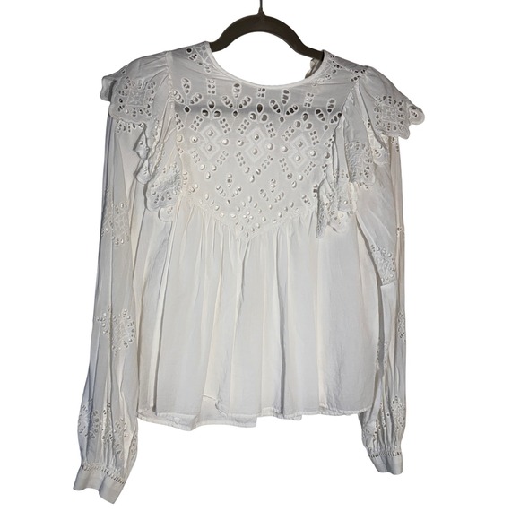 H&M Tops - HM Eyelet Ruffle Blouse Womens‎ Size 2 White Long Sleeve Cotton Boho Cottagecore